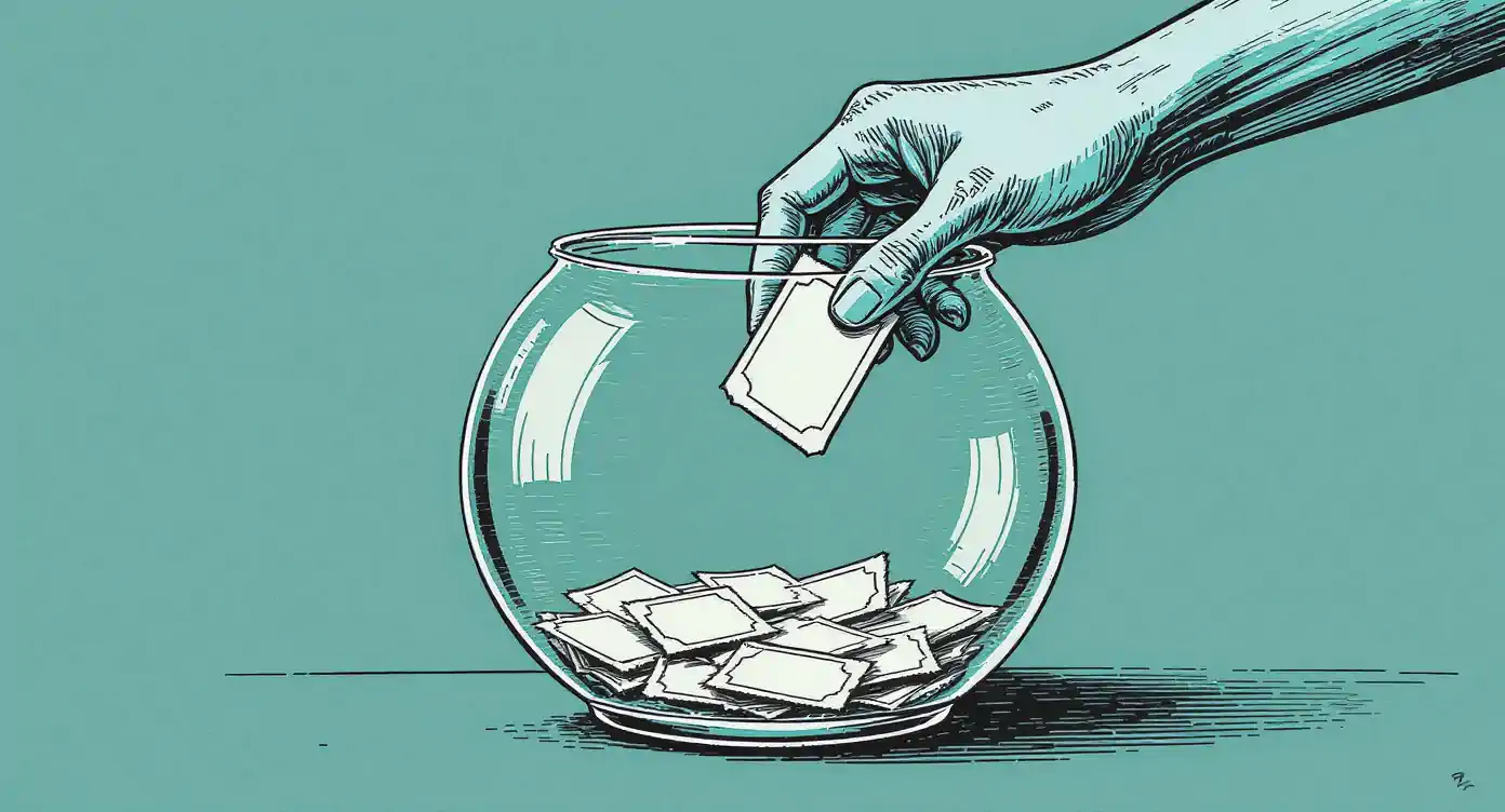 Hand drawing a ticket from fishbowl filled with raffle entries