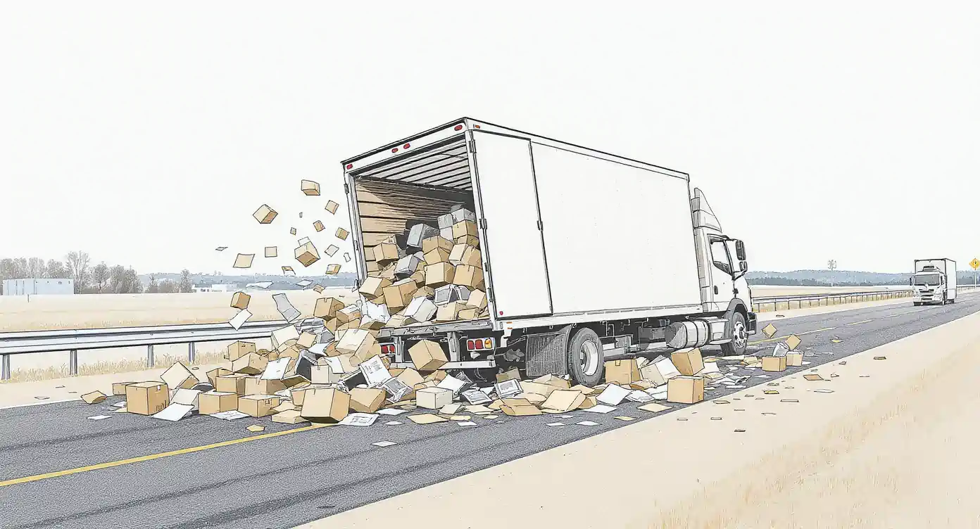 A delivery truck on a highway with its rear door open and dozens of cardboard boxes spilling across the road.