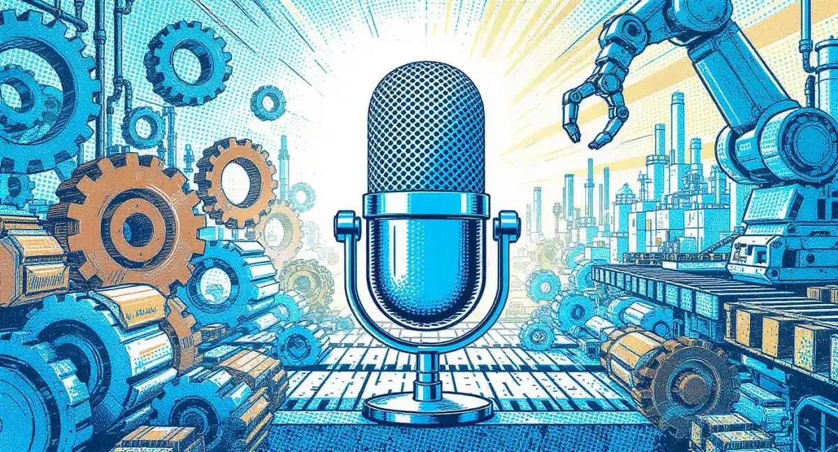 Illustration of a studio microphone centered in a modern manufacturing factory with gears and robotic arms