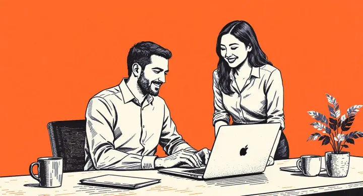 B2B marketer working alongside developer at laptop