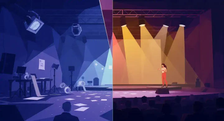 Rehearsal area on the left, live presentation on stage on the right