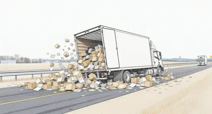 A delivery truck on a highway with its rear door open and dozens of cardboard boxes spilling across the road.
