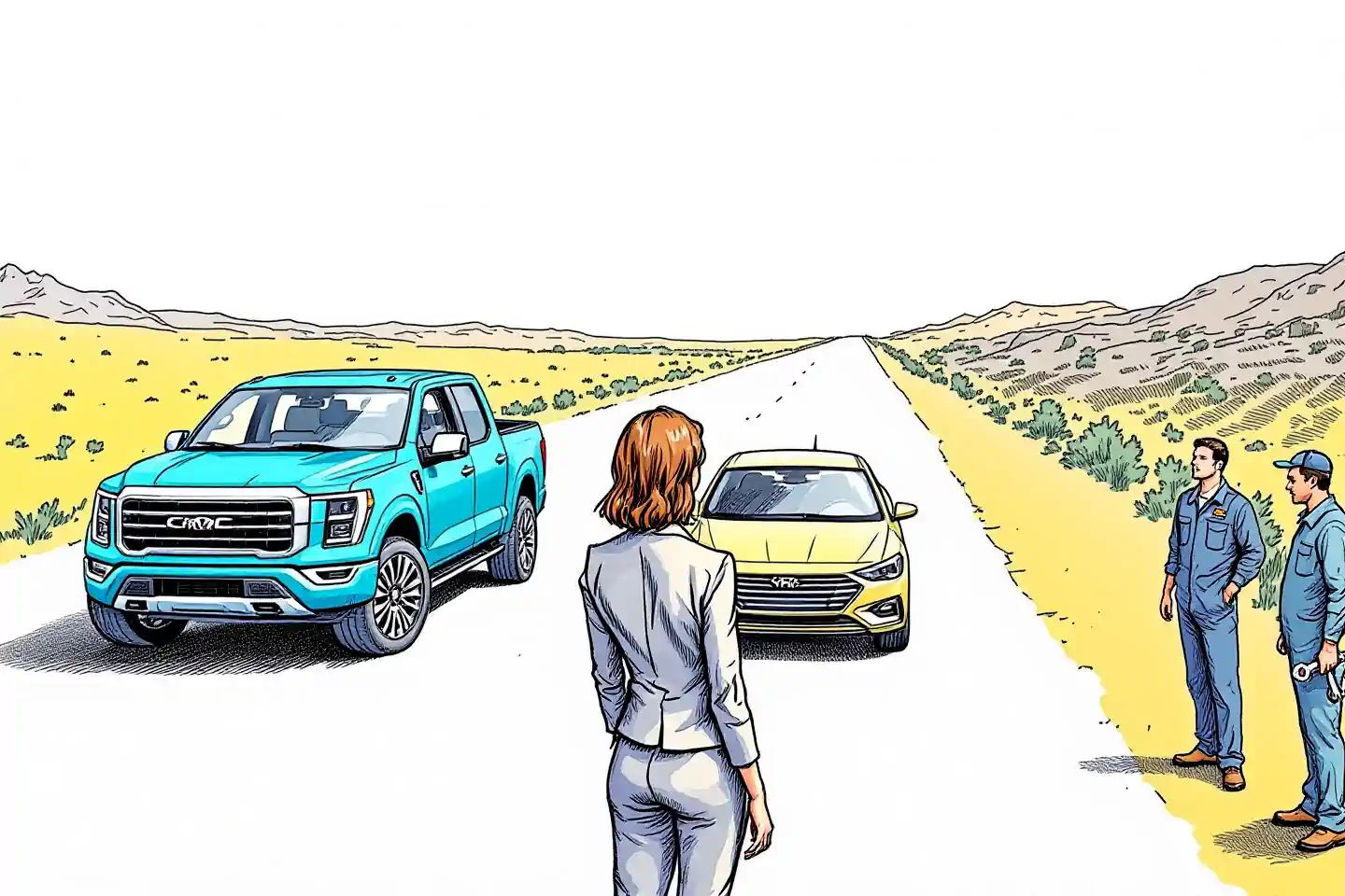 Professional woman choosing between a pickup truck and compact sedan, with mechanics observing and an open road ahead