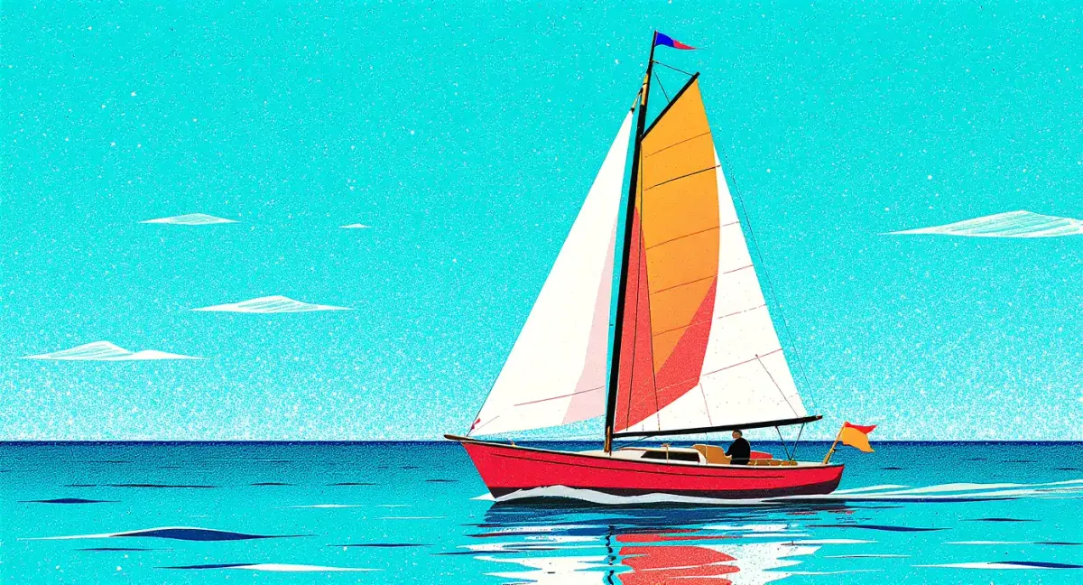 Illustration of a small red sailboat gliding smoothly across calm blue water under a clear sky